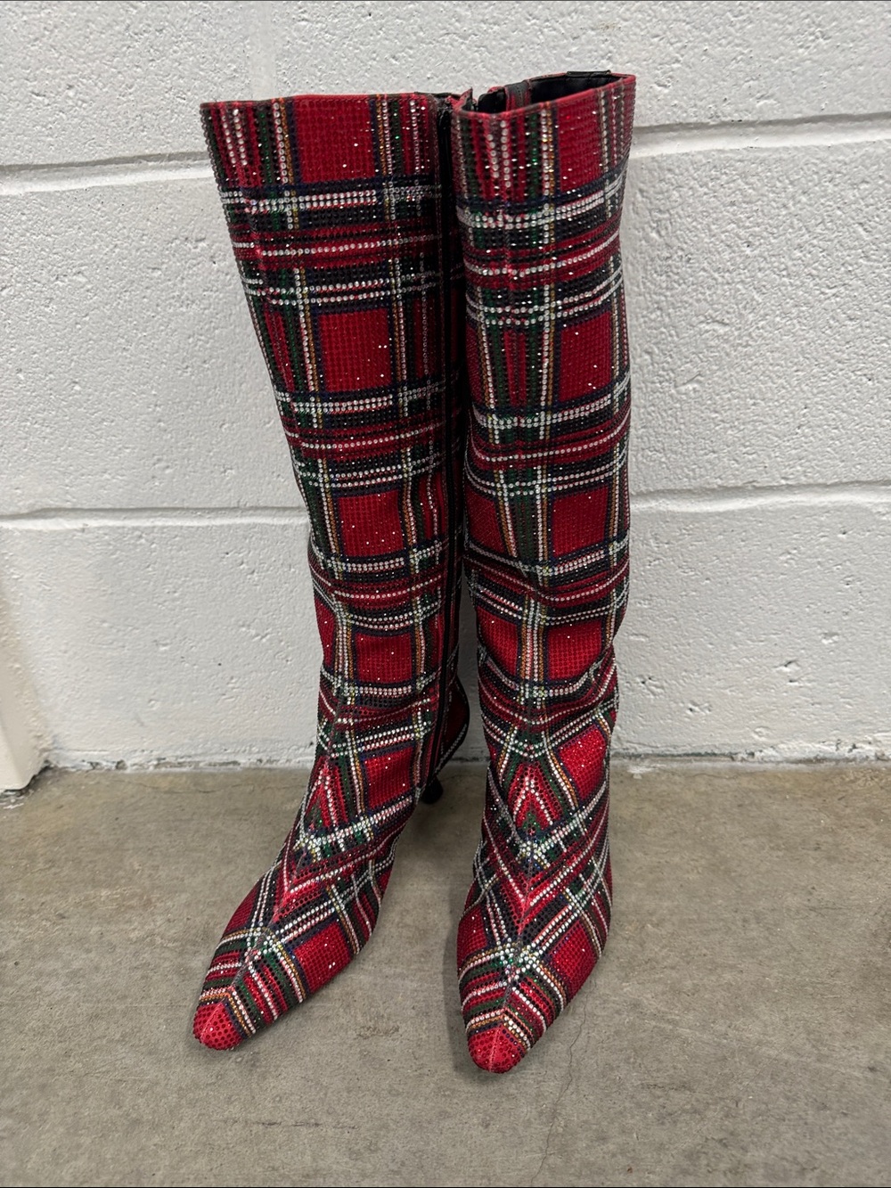 Alex Marie Red Plaid Knee-High Heeled Boots